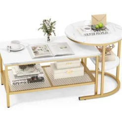 COSTWAY Soffbord>Set med 2 skandinaviska soffbord - Marmortryck sidobord - Guld metallram, justerbara fotstöd