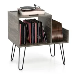 COSTWAY Hyllor>skivspelares lagringsenhet, 2 nätuttag och 2 USB-portar, löstagbara avdelare, upp till 145 album,