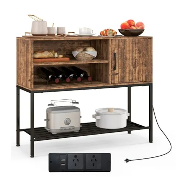 COSTWAY Sideboards>Skänk med eluttag och USB-portar, vinställ och förvaringshyllor, för kök, vardagsrum, brun