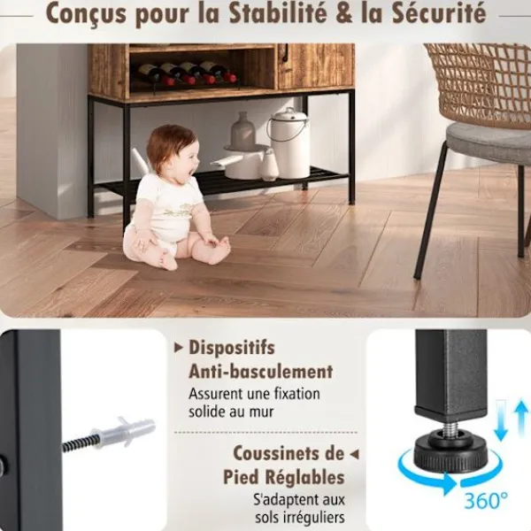 COSTWAY Sideboards>Skänk med eluttag och USB-portar, vinställ och förvaringshyllor, för kök, vardagsrum, brun