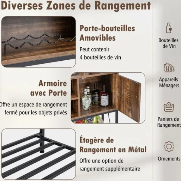COSTWAY Sideboards>Skänk med eluttag och USB-portar, vinställ och förvaringshyllor, för kök, vardagsrum, brun