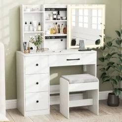 COSTWAY Sminkbord>Skrivbord med Spegel och Pall, Justerbar Ljusfärg, Laddningsstation, 4 Lådor, Förvaringshyllor
