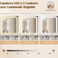COSTWAY Sminkbord>Skrivbord och Pall, LED Belysningsspegel med 3 Färger, Laddstation, Smyckeskåp, 4 Lådor och Dörr