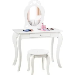 COSTWAY Sminkbord>Sminkbord för barn med spegel, inklusive sminkbord och pall, avtagbar skiva,