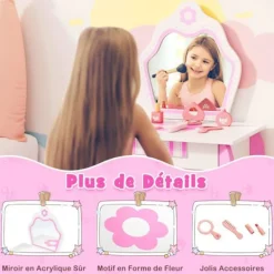 COSTWAY Sminkbord>Sminkbord för barn med spegel och träpall - Princess Style Present för tjejer Rosa