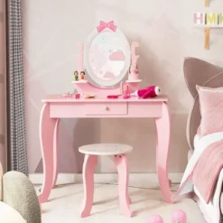 COSTWAY Sminkbord>sminkbord för barn med pall, sminkbord i trä med roterande oval spegel, låda och 2 hyllor, rosa