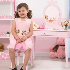 COSTWAY Sminkbord>Sminkbord för barn med låda och pall, sminkbord för flickor i europeisk prinsessstil