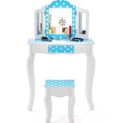 COSTWAY Sminkbord>Sminkbord för barn med pall, avtagbar 3-faldig spegel & låda & anti-tilt-enhet, 60 x 27,5 x 97,5 cm,