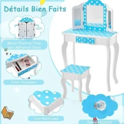 COSTWAY Sminkbord>Sminkbord för barn med pall, avtagbar 3-faldig spegel & låda & anti-tilt-enhet, 60 x 27,5 x 97,5 cm,