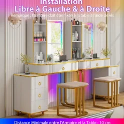 COSTWAY Sminkbord>Sminkbord med pall och spegel, dimbar RGB LED-lampa, trådlös laddningsstation, USB, Type-C, Fjärrkontroll,