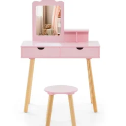 COSTWAY Sminkbord>Sminkbord med pall för barn 3-7 år, avtagbar rektangulär spegel, 1 kam, 2 stora trälådor, rosa