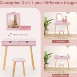 COSTWAY Sminkbord>Sminkbord med pall för barn 3-7 år, avtagbar rektangulär spegel, 1 kam, 2 stora trälådor, rosa