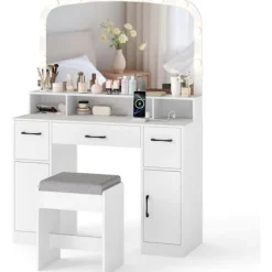 COSTWAY Sminkbord>Sminkbord med Pallen Hollywood Spegel Med Justerbart LED Ljus, Laddstation Vit