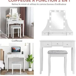 COSTWAY Sminkbord>Sminkbord med pall och 360° roterande spegel - Sminkbord - 10 LED-lampor med justerbar ljusstyrka, 5 lådor