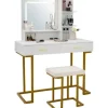 COSTWAY Sminkbord>Sminkbord med upplyst spegel och pall, stålram med 2 lådor, 2 hyllor för sovrum, garderob