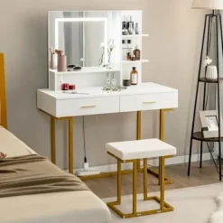 COSTWAY Sminkbord>Sminkbord med upplyst spegel och pall, stålram med 2 lådor, 2 hyllor för sovrum, garderob