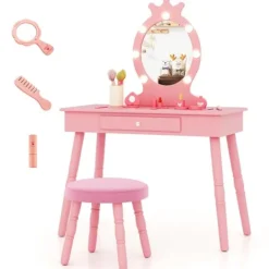 COSTWAY Sminkbord>sminkbord och pallset för barn med upplyst spegel, justerbar ljusstyrka, 70 x 34 x 99 cm, rosa