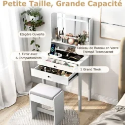 COSTWAY Sminkbord>Sminkbord och Pall, Spegel, Belysning med 3 Ljusstyrkor, Laddstation, 2 Lådor, Perfekt Present