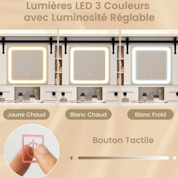 COSTWAY Sminkbord>Sminkbord och pallset, skjutspegel, 3 färg LED, justerbar ljusstyrka, 4 lådor, justerbara hyllor