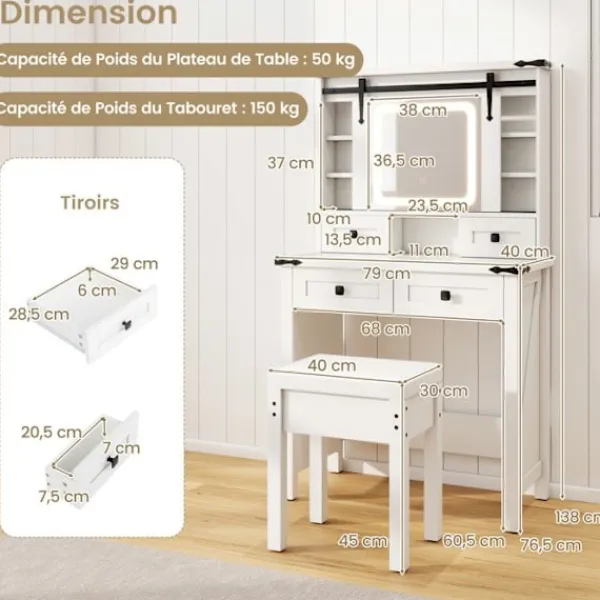 COSTWAY Sminkbord>Sminkbord och pallset, skjutspegel, 3 färg LED, justerbar ljusstyrka, 4 lådor, justerbara hyllor