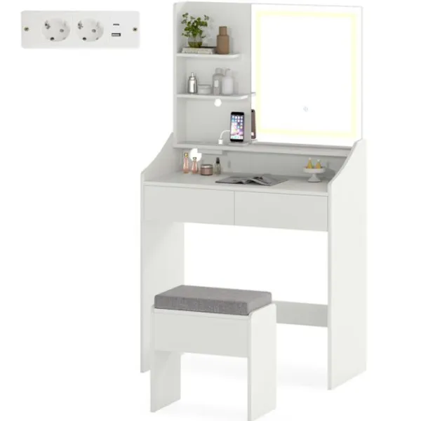 COSTWAY Sminkbord>Sminkbord och Pentry, Spegel med 3 Färger Ljus, Laddningsstation, Justerbar Ljusstyrka, 2 Lådor