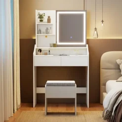 COSTWAY Sminkbord>Sminkbord och Pentry, Spegel med 3 Färger Ljus, Laddningsstation, Justerbar Ljusstyrka, 2 Lådor