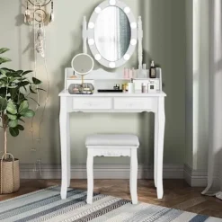 COSTWAY Sminkbord>Sminkbord Sminkbord med pall - 360° vridbar oval spegel, justerbar glödlampa i 3 färger, 4 lådor - vit