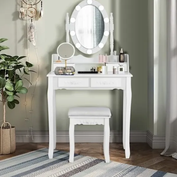 COSTWAY Sminkbord>Sminkbord Sminkbord med pall - 360° vridbar oval spegel, justerbar glödlampa i 3 färger, 4 lådor - vit