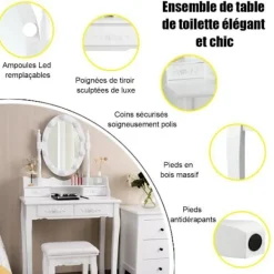 COSTWAY Sminkbord>Sminkbord Sminkbord med pall - 360° vridbar oval spegel, justerbar glödlampa i 3 färger, 4 lådor - vit