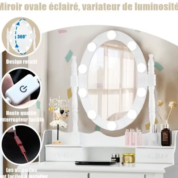 COSTWAY Sminkbord>Sminkbord Sminkbord med pall - 360° vridbar oval spegel, justerbar glödlampa i 3 färger, 4 lådor - vit