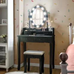 COSTWAY Sminkbord>Sminkbord Sminkbord med pall - 360° vridbar oval spegel, justerbar glödlampa i 3 färger, 4 lådor - svart