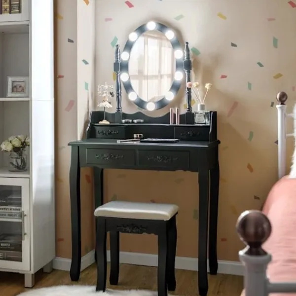 COSTWAY Sminkbord>Sminkbord Sminkbord med pall - 360° vridbar oval spegel, justerbar glödlampa i 3 färger, 4 lådor - svart