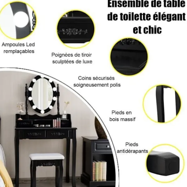 COSTWAY Sminkbord>Sminkbord Sminkbord med pall - 360° vridbar oval spegel, justerbar glödlampa i 3 färger, 4 lådor - svart