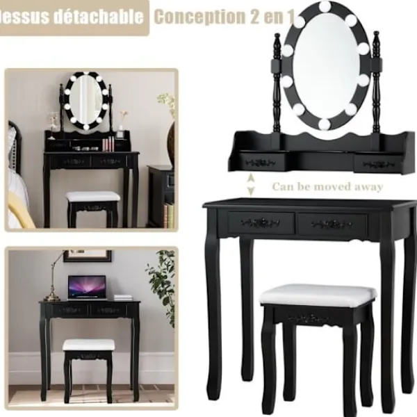 COSTWAY Sminkbord>Sminkbord Sminkbord med pall - 360° vridbar oval spegel, justerbar glödlampa i 3 färger, 4 lådor - svart