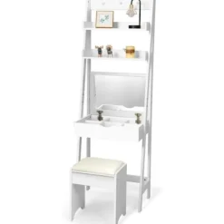 COSTWAY Sminkbord>Sminkbord/sminkbord med spegel och pall, modernt kosmetiskt bord med 2 hyllor och 3 krokar,