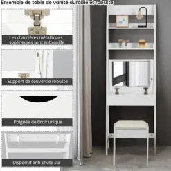 COSTWAY Sminkbord>Sminkbord/sminkbord med spegel och pall, modernt kosmetiskt bord med 2 hyllor och 3 krokar,
