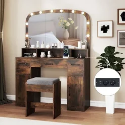 COSTWAY Sminkbord>Smyckebord med Pall, Hollywood Sminkspegel med Justerbara LED-lampor, Laddstation, Brun