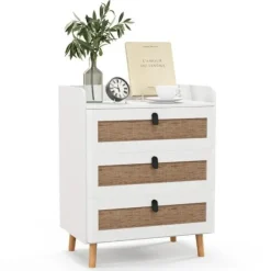 COSTWAY Byråer>Sängbord med 3 rottinglådor, modernt sidobord, för sovrum, vardagsrum, 60 x 40 x 75 cm cm Vit