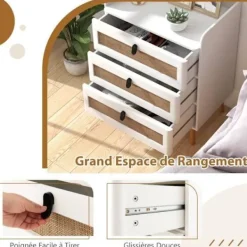 COSTWAY Byråer>Sängbord med 3 rottinglådor, modernt sidobord, för sovrum, vardagsrum, 60 x 40 x 75 cm cm Vit