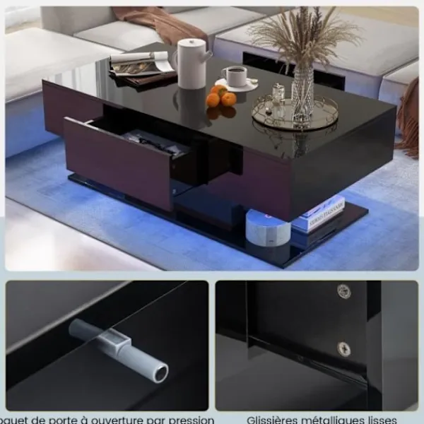 COSTWAY Soffbord>soffbord med 20 färgglada LED-lampor, sidobord med 22 lägen och lådor, fjärrkontroll, blank finish, svart