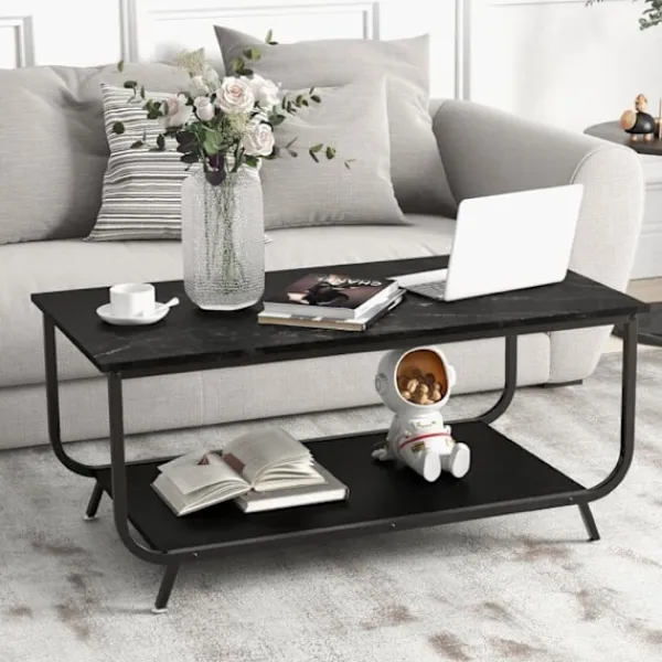 COSTWAY Soffbord>Soffbord med 2 Nivåer med Marmor Imiterad Top, 105x55x46,5 CM, Modern Fyrkantig Salongsbord i Metall, Svart