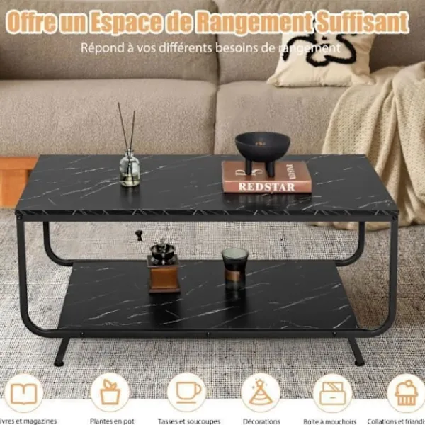COSTWAY Soffbord>Soffbord med 2 Nivåer med Marmor Imiterad Top, 105x55x46,5 CM, Modern Fyrkantig Salongsbord i Metall, Svart