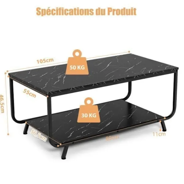 COSTWAY Soffbord>Soffbord med 2 Nivåer med Marmor Imiterad Top, 105x55x46,5 CM, Modern Fyrkantig Salongsbord i Metall, Svart