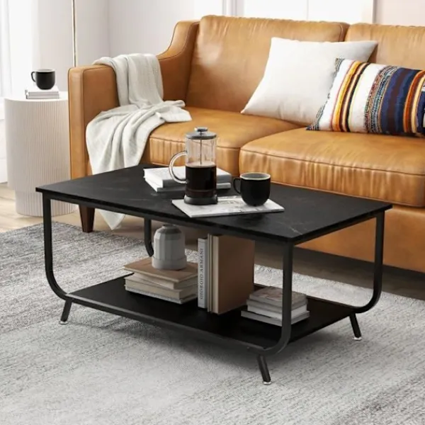 COSTWAY Soffbord>Soffbord med 2 Nivåer med Marmor Imiterad Top, 105x55x46,5 CM, Modern Fyrkantig Salongsbord i Metall, Svart
