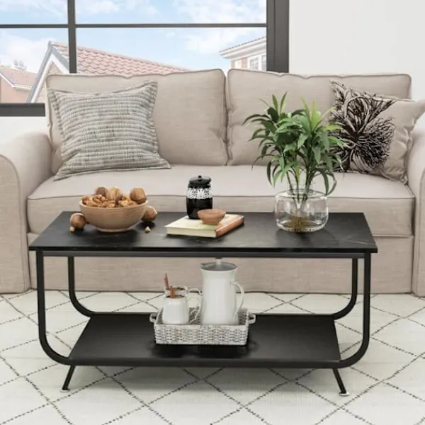 COSTWAY Soffbord>Soffbord med 2 Nivåer med Marmor Imiterad Top, 105x55x46,5 CM, Modern Fyrkantig Salongsbord i Metall, Svart