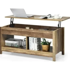 COSTWAY Soffbord>soffbord med hiss, med dolt förvaringsutrymme och nedre hylla, 109 x 47,5 x 50-63 cm