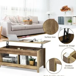 COSTWAY Soffbord>soffbord med hiss, med dolt förvaringsutrymme och nedre hylla, 109 x 47,5 x 50-63 cm