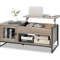 COSTWAY Soffbord>soffbord med pneumatisk lyftbricka, 104 x 55 x 58 CM, öppna fack och 2 skåp, 2-dörrars design