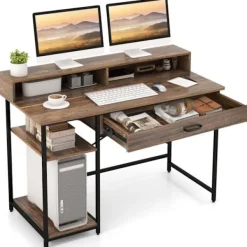 COSTWAY Kontorsmöbler>stort skrivbord - bildskärmsställ för 2 datorer, industriell stil 120 x 56 x 90,5 CM, 2 lådor, 2 bruna hyllor