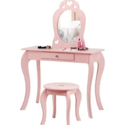 COSTWAY Sminkbord>toalettbord för barn med spegel, inklusive sminkbord och pall, avtagbar skiva,